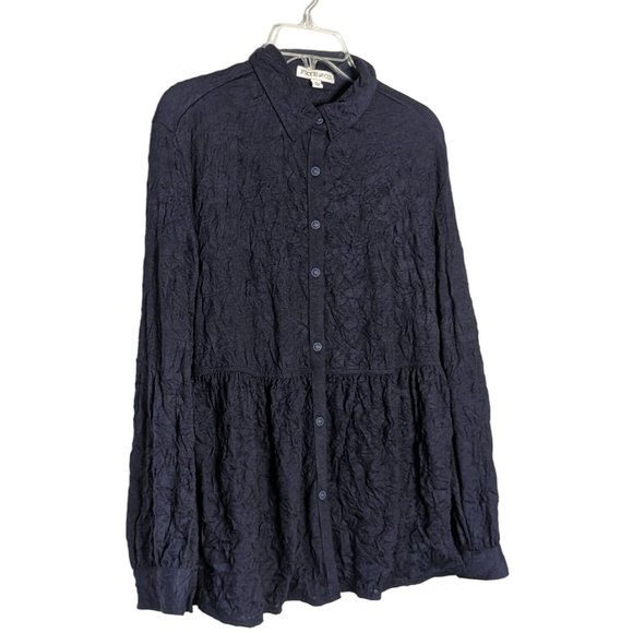 FRYE AND CO. long sleeve button front peplum crinkled navy blue blouse Size S - Picture 3 of 7